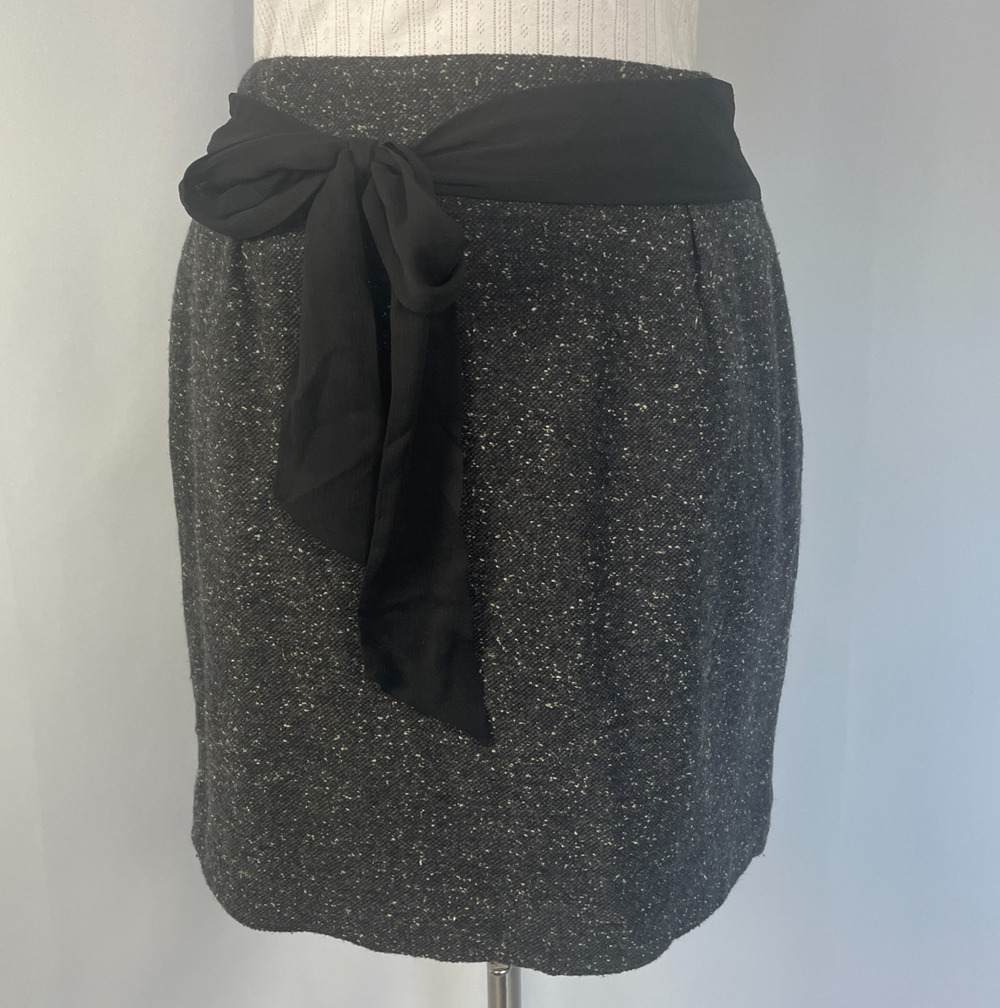 Vintage Mini Skirt Size 4 Gray Black Tweed Bow Belt Preppy Academia Office Y2K